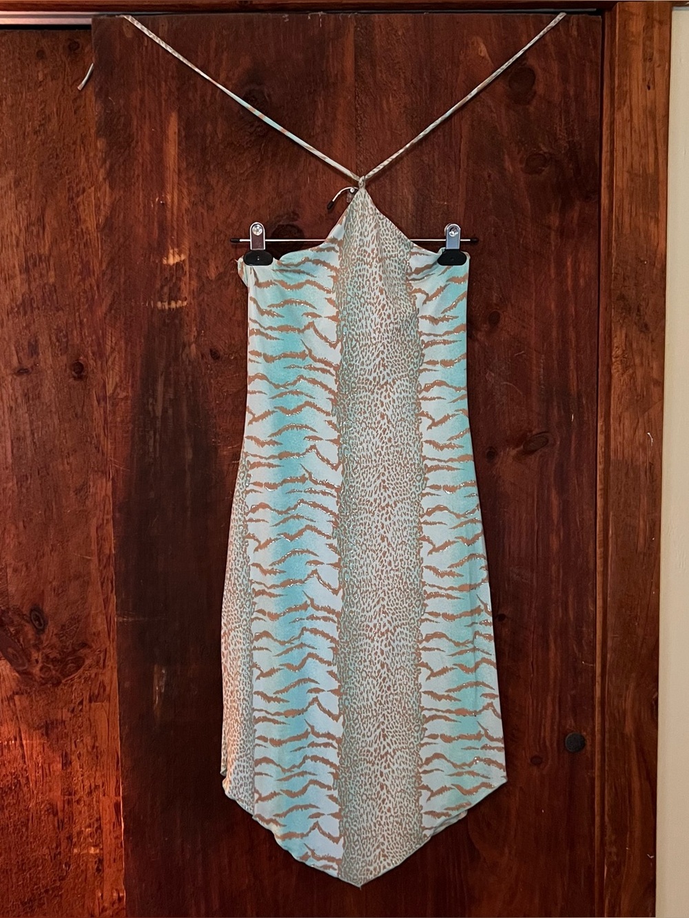 Ariella Light Turquoise & Beige Animal-Print Halter Top
